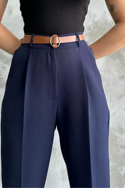 Damen Schmales Bein Plissee Gürtel Saisonale Stoffhose Marineblau