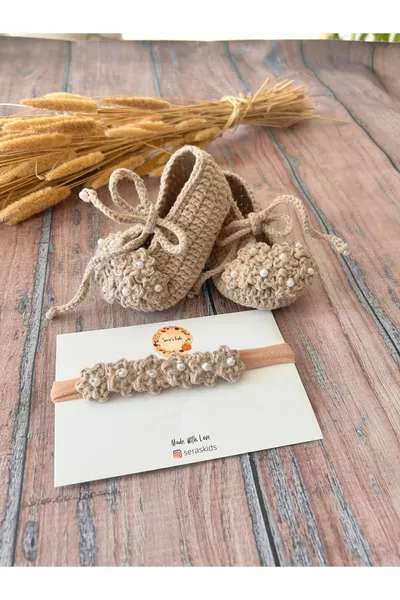 Hand Knitted Beige Baby Girl Booties and Bandana Set