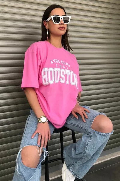 Houston bedrukt oversized roze T-shirt voor dames