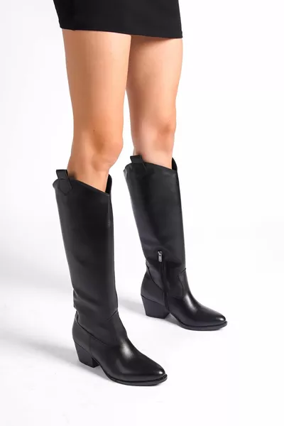 Fermeture éclair en cuir noir Longues bottes western style cowboy pour femmes
