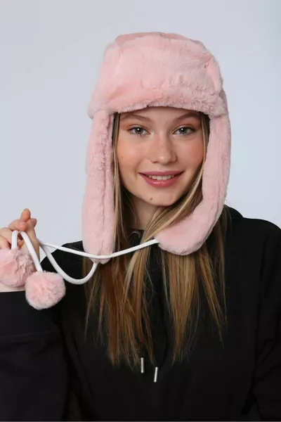 المرأة الوردي الفراء بومبوم سماعة أفخم قبعة قبعة صغيرة 