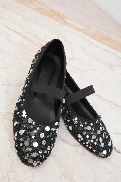 أسود فضي باليه نسائي مسطح 