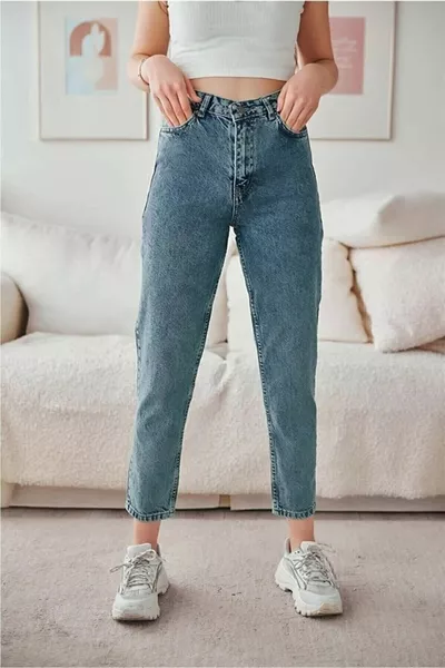 Snow Blue Mom Jeans Donna Fidanzato Vita Alta Lycra Jeans