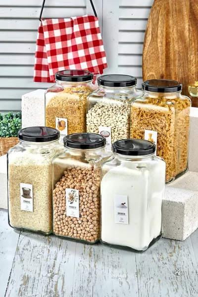 Set of 6 Labeled Glass Food Jars with Metal Lids