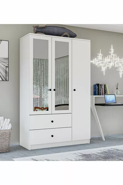 Gm Armadio con Specchio a 3 Ante, 2 Cassetti e Maniglie a Bottone