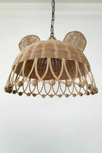 ثريا معلقة من الروطان والخيزران والقش بشكل أرنب ودب لغرفة الأطفال مع سلاسل معدنية وتركيب كهربائي