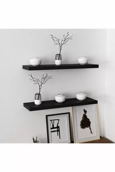 رف جدار أسود مجموعة من قطعتين رف خفي رف عائم ()