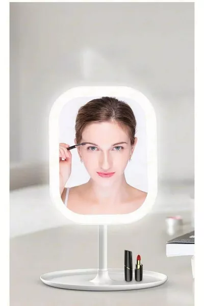 3-Color LED Portable Desktop Rechargeable Lighted Makeup Mirror, Adjustable Angle, Round, White LED