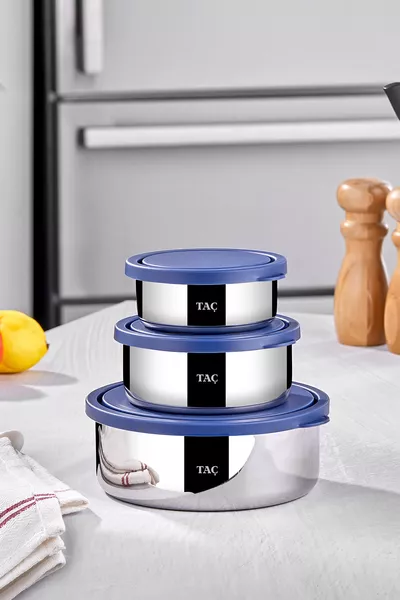 Taç Fresh 3-Piece Steel Storage Container Set with Blue Lids