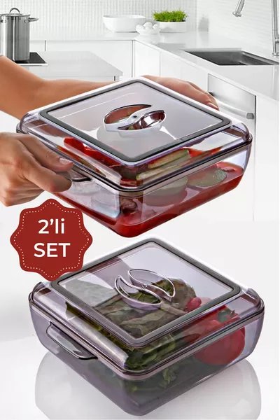 Acrylic 2-Piece Acrylic Square Storage Container - Food Storage Container 2 Liter 2 Pieces Gray