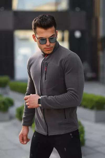 Felpa da uomo in pile Antracite Shoftsell, modello standard, con zip completa e 3 tasche