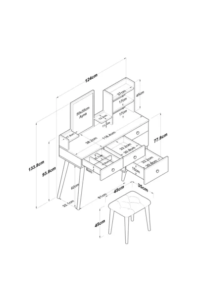 طاولة مكياج بها 5 أدراج ورف مع مرآة ومنظم مجوهرات وطقم مقعد باللون الأبيض