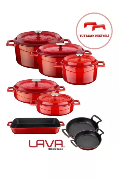 Cast Eight-Piece Pot and Pan Set Trendy Red (with Silicone Handle Gift)