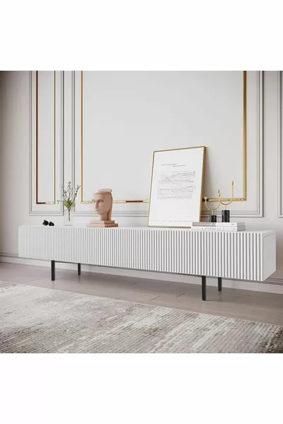 Стильная и функциональная современная ТВ-тумба из МДФ с крышкой и линиями, см