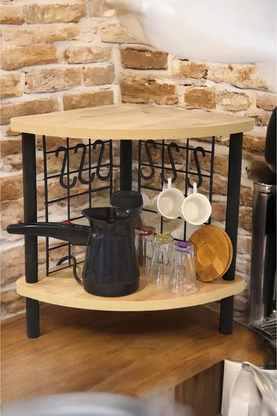 Countertop Shelf – Mini Coffee Corner and Spice Rack with 6 Hook Organizer for a Happiness Corner