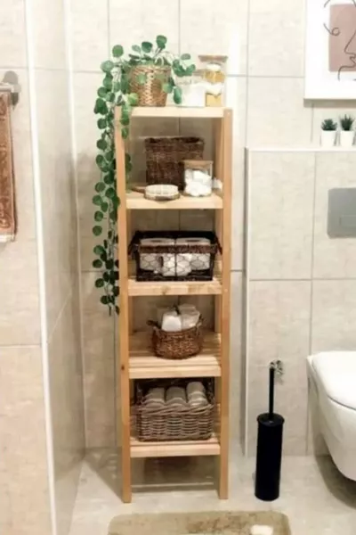 Houten Badkamerkast met 5 Open Planken Badkamer Organizer Plank