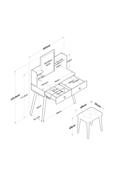 Rani Makeup Table with 2 Drawers, Shelf, Mirror Jewelry Organizer + Stool Set White