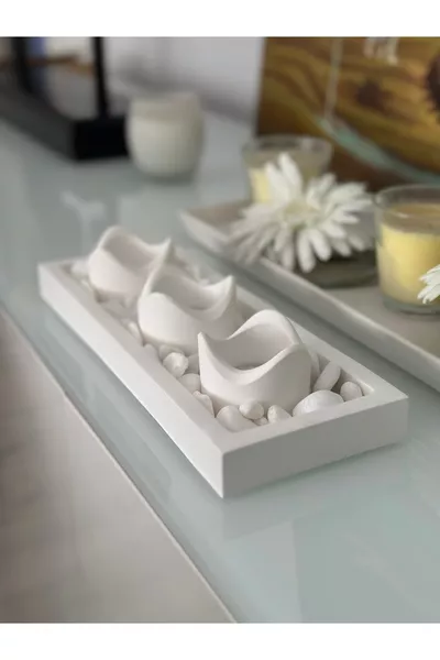 Parasole Modern Tasarım Beton Tepsili Dolomit Taşlı 3'lü Mumluk (MUM VE KİBRİT HEDİYELİ)