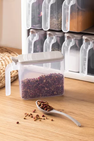 Simple  Random 'li Standlı,Yapışkanlı,Kaşıklı,Kapaklı Baharatlık Saklama Kabı Seti-Cappuccino