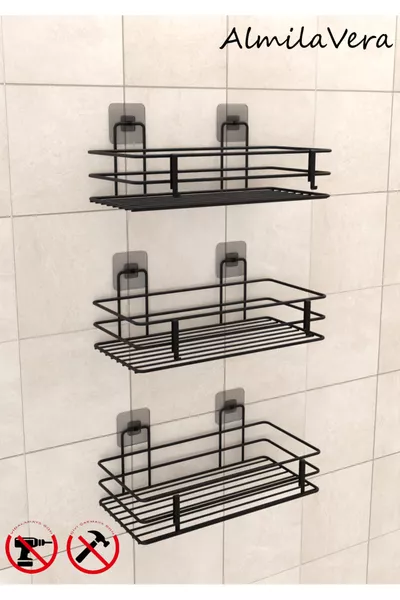 Sterk Zelfklevend Haakje 3 Stuks 3-laags Badkamer Keuken Organizer Rek Mat Zwart