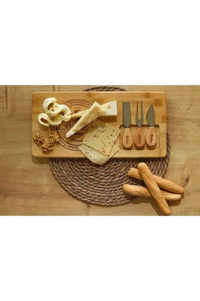 Özel Bambu 3 Bıçaklı Dekoratif Peynir Sunum Tahtası Kahvaltı Seti Koza Gift
