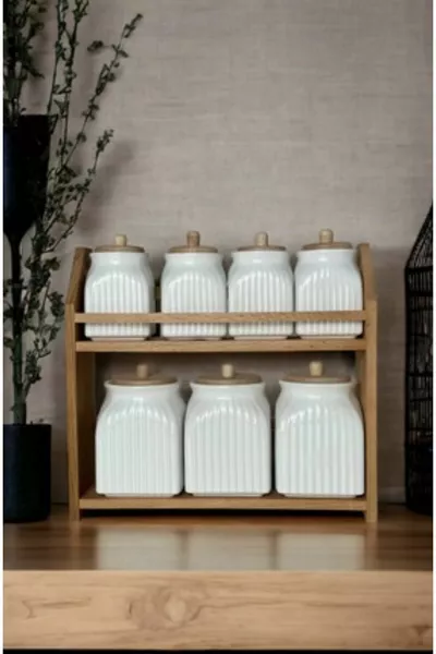 7-teiliges Porzellan-Gewürzglas-Set mit Holzständer