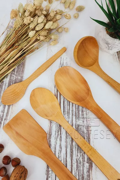 Set di 5 Cucchiai da Cucina in Legno, Faggio, Bosso e Bambù