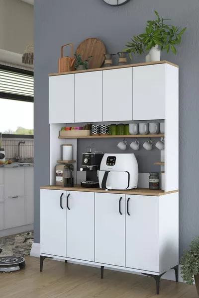 خزانة راني متعددة الاستخدامات 8 أبواب لمخزن المطبخ سلة جوز - أبيض