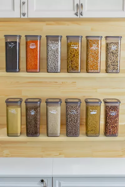 -гр Сет за съхранение на брашно, зърнени и бобови продукти с етикет Li, 1 л - Сив