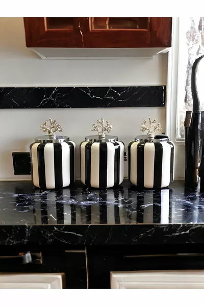 Kruidenpotten Keramische Set 3-delig Zwart met Rechte Lijn Zilver Deksel 1,4 Liter (Koffie, Thee, Suiker) Feray Home