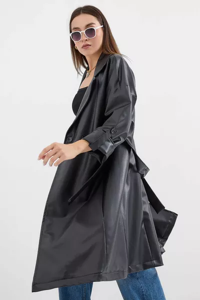  Belted Faux Leather Trench Coat - Black