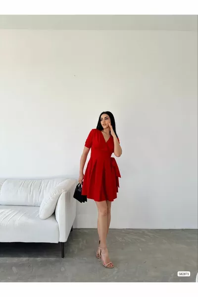 المرأة الأحمر مزدوج الصدر طوق قصيرة الأكمام حزام الخصر خط حزام قصيرة مساء اللباس