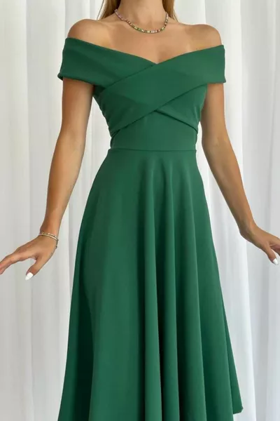 قارب الرقبة ميدي طول كريب اللباس الأخضر