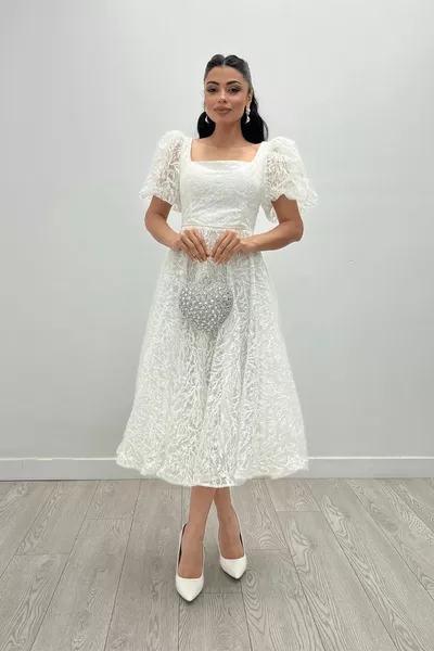 Glitter Fabric Балон ръкав Midi рокля - БЯЛ