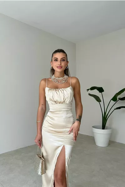 Damen Brust Drapiert und Schlitz Detail Satin Stoff Midi Creme Abendkleid 