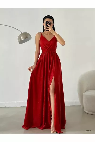 Riemen Zweireihiger Kragen Glitzerdesign Schlitz Maxi Junge Abendkleid Hochzeit Verlobung Abschlusskleid