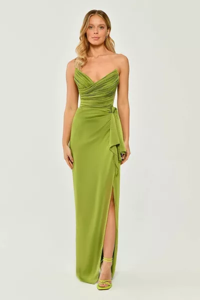 Women's Strapless Angel Collar Top Pleated Side Slit Chiffon Long Green Evening Dress & Graduation Dress A