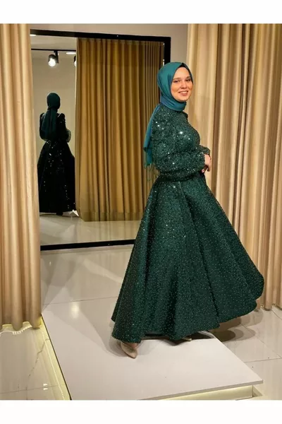 Звезди Дамски хиджаб пайети пайети Midi дължина годежна вечерна рокля изумрудено зелено