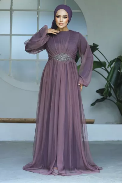 Tulle Rose Foncé Séché Hijab Robe de soirée kgk