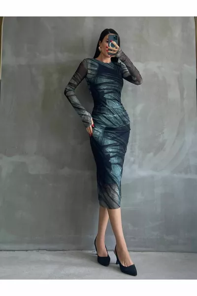 Цветна черна тюл детайлна стилна рокля