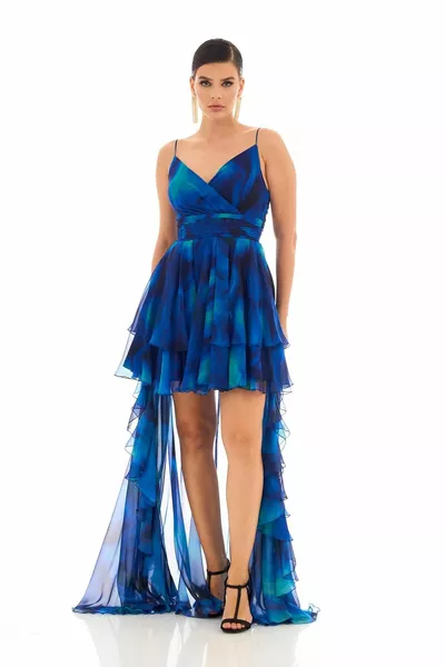 فستان ساكس مسهرة طويل مشرب بأشرطة قصيرة في الأمام