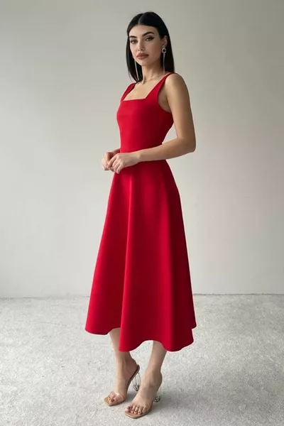 المرأة مربع الرقبة حزام سميك تصميم ميدي طول الأحمر مساء اللباس 