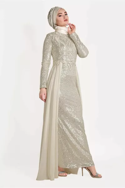 Damen Abendkleid Mit Ecru Tüll Und Glitzer T 