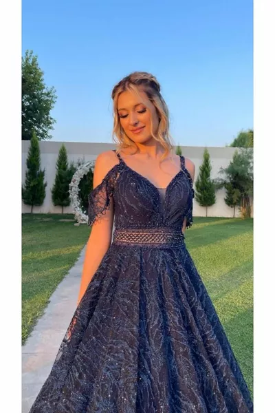 Seil Riemen Taille Stein Bestickter Gürtel V-Ausschnitt Kiloş Neue Saison Abendkleid  