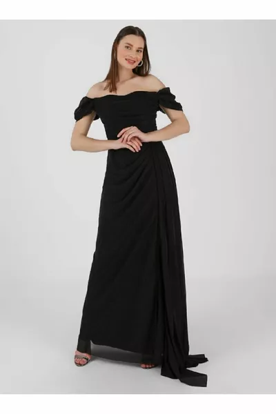 Kadın Abiye Kayık Yakalı Drapeli Yırtmaçlı Detaylı Uzun Simli Elbise / Siyah
