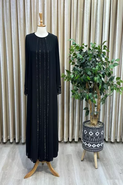 Stone Striped Top Chiffon Inside Sendi Fabric Plus Size Mother Hijab Evening Dress