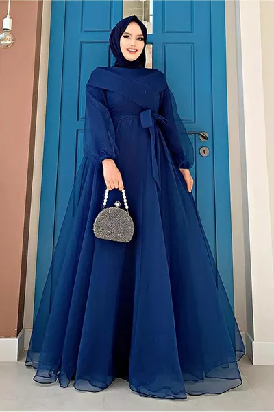 Marineblaues Abendkleid aus Tüll mit Gürtel für Damen T 
