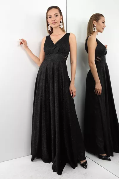 Dikke riem Degaje kraag zijkanten venster Glitter glanzende lange uitlopende avondjurk