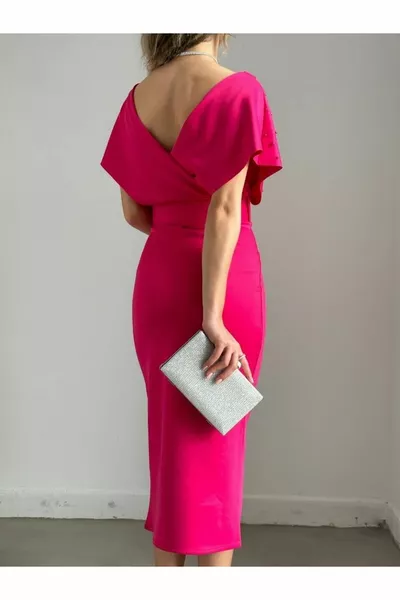 المرأة الفوشيه مزدوجة الصدر طوق اللؤلؤ مفصلة بالإضافة إلى حجم الخفافيش الأكمام النسيج حزام ميدي مساء اللباس