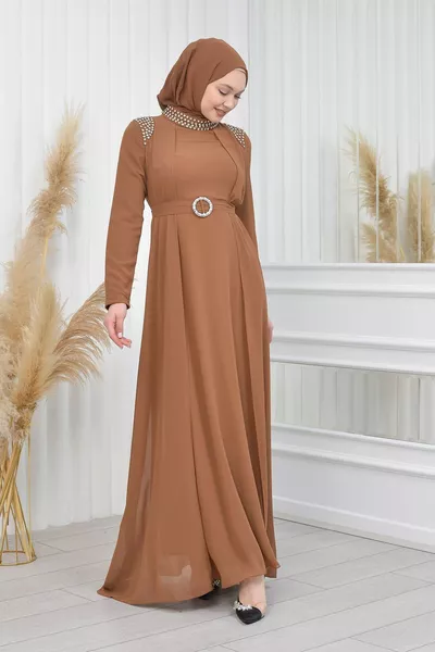 فستان سهرة شيفون بحزام مع أحجار على الكتفين - Mihrimah Model